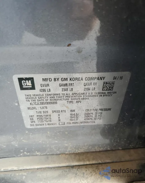 2019 Chevrolet Trax 1Lt z USA, uszkodzony, nr VIN KL7CJLSB5KB906899